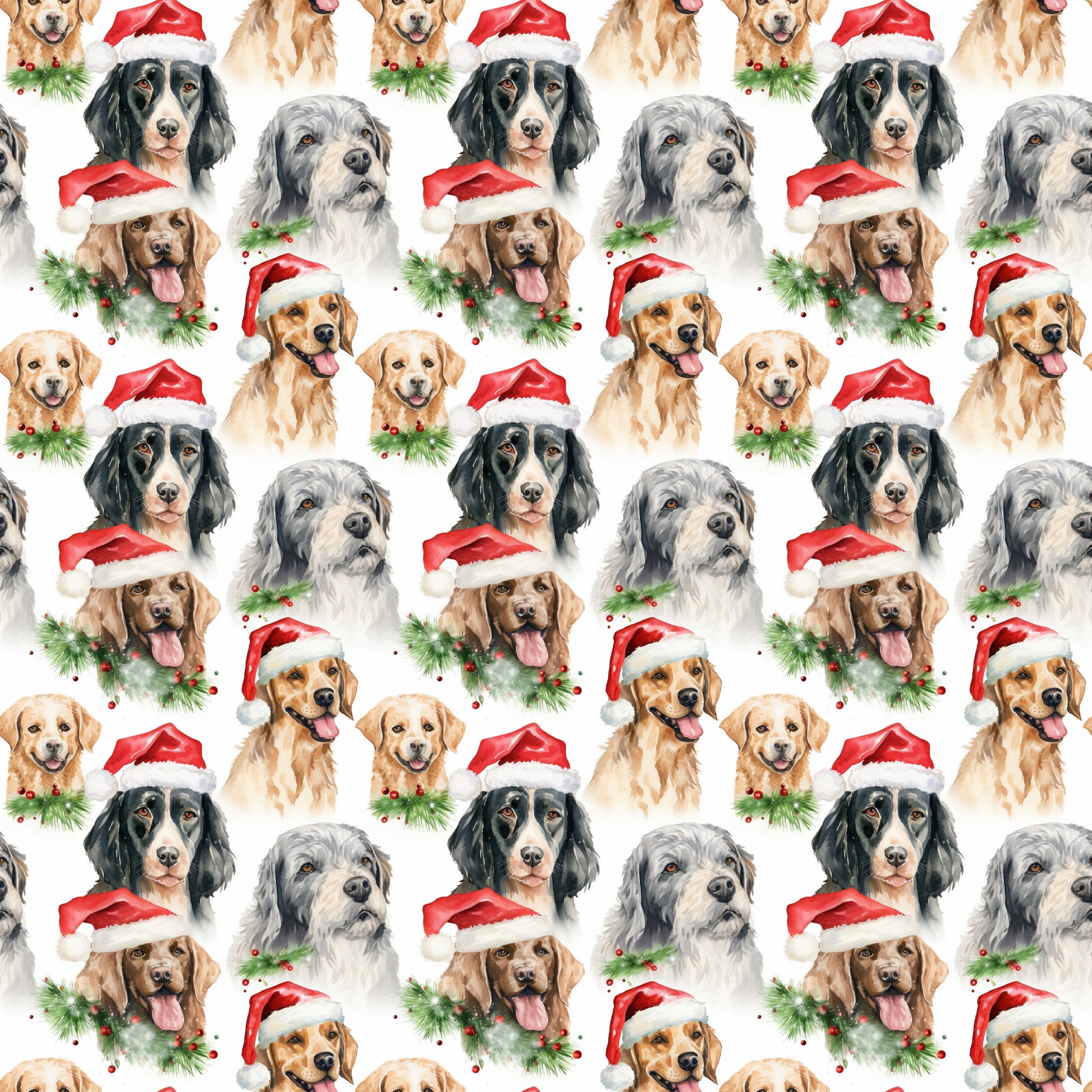 watercolor, christmas dogs, dog breeds, red santa hats, golden retrievers, black dogs, gray dogs, brown dogs, white background, holiday pattern, festive dogs, pine garland, holly berries, repeating pattern, quilting cotton, fabric panel, christmas theme, pet portraits, seasonal design, dog faces