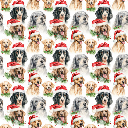 watercolor, christmas dogs, dog breeds, red santa hats, golden retrievers, black dogs, gray dogs, brown dogs, white background, holiday pattern, festive dogs, pine garland, holly berries, repeating pattern, quilting cotton, fabric panel, christmas theme, pet portraits, seasonal design, dog faces