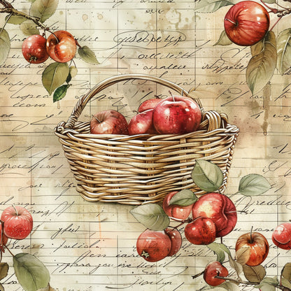 red apples, wicker basket, vintage handwriting, script text, watercolor style, rustic browns, sage green leaves, fruit harvest, autumn theme, quilting cotton, fabric panel, botanical illustration, farmhouse style, nostalgic artwork, aged paper background, country living, orchard scene, warm earth tones, natural elements