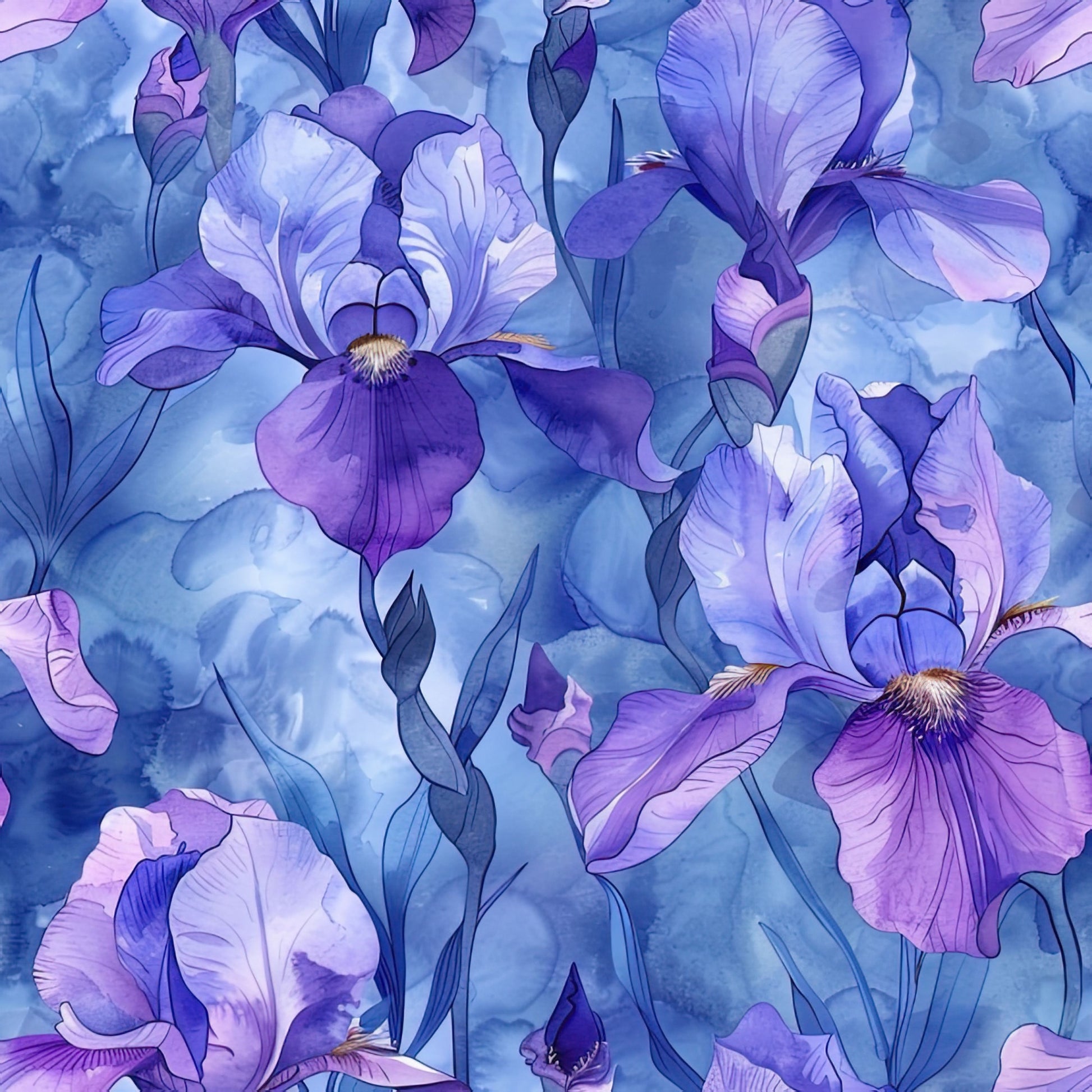 - Iris Bloom Floral Pattern 5 Quilting Cotton Fabric  
- Purple flowers  
- Blue background  
- Detailed iris blossoms  
- Botanical  
- Floral design  
- Quilting cotton  
- Textile  
- Nature-inspired  
- Artistic  
- Elegant  
- Soft texture