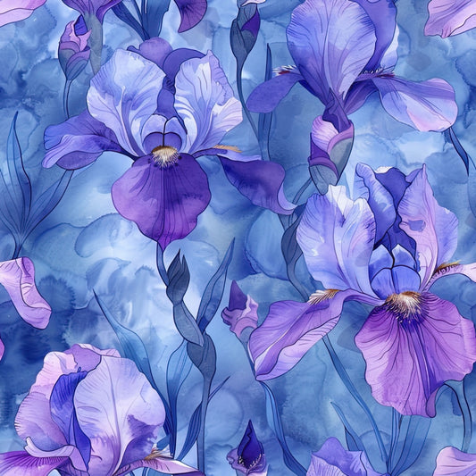- Iris Bloom Floral Pattern 5 Quilting Cotton Fabric  
- Purple flowers  
- Blue background  
- Detailed iris blossoms  
- Botanical  
- Floral design  
- Quilting cotton  
- Textile  
- Nature-inspired  
- Artistic  
- Elegant  
- Soft texture
