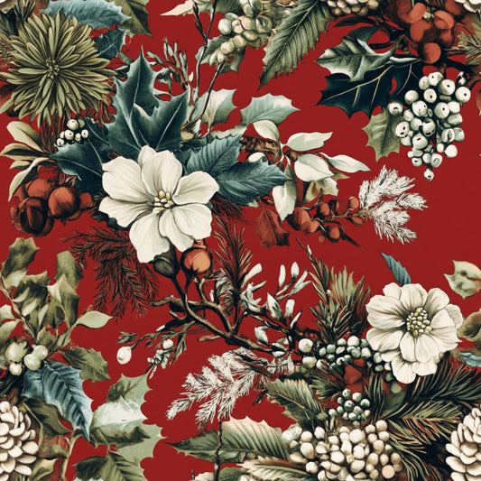 burgundy red, deep red, cream white, forest green, sage green, brown, pinecones, winter florals, white flowers, berries, evergreen branches, holly leaves, botanical pattern, christmas motif, holiday design, winter elements, quilting cotton, fabric panel, seasonal florals, festive pattern