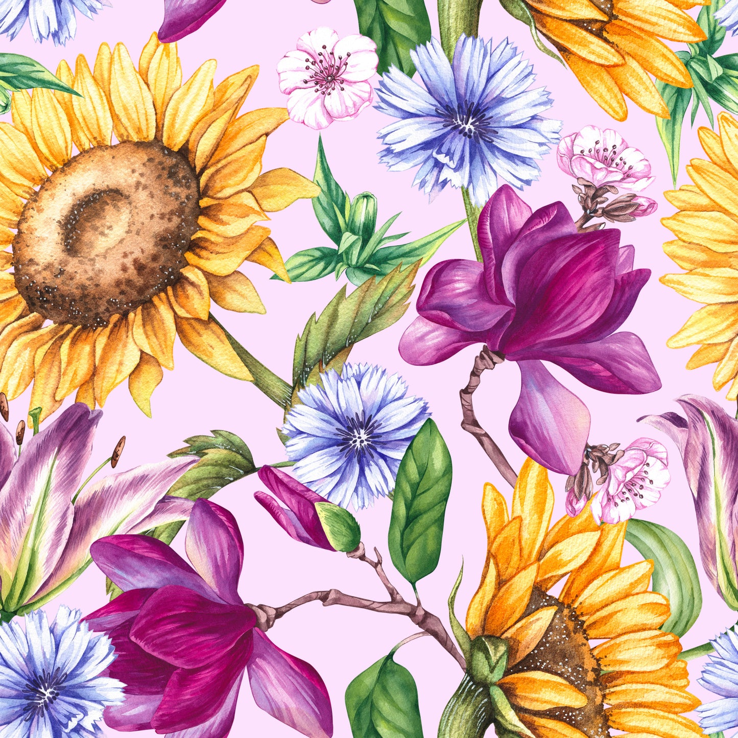 watercolor flowers, sunflowers, magnolia blooms, purple flowers, blue cornflowers, pink blossoms, yellow petals, green leaves, floral pattern, botanical design, mixed florals, quilting cotton, fabric panel, spring flowers, garden blooms, pastel background, delicate watercolor, repeating pattern, nature motifs, colorful florals