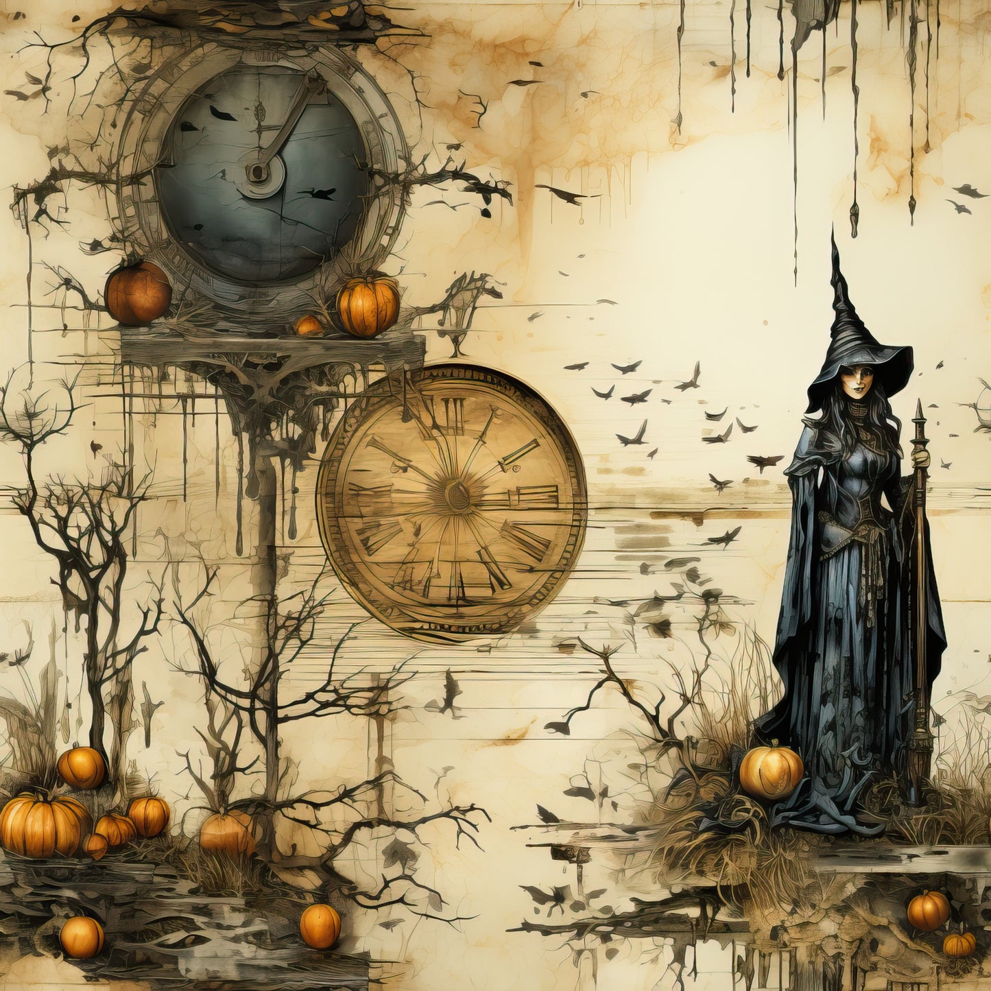 beige, amber, golden, sepia, witch, pumpkins, clock, ravens, bare branches, gothic, vintage, weathered, quilting cotton, fabric panel, halloween, autumn, mystical, distressed, thorny vines, magical
