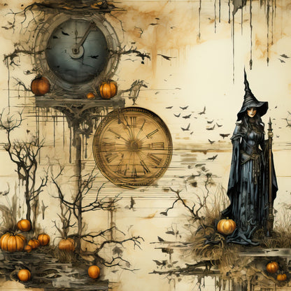 beige, amber, golden, sepia, witch, pumpkins, clock, ravens, bare branches, gothic, vintage, weathered, quilting cotton, fabric panel, halloween, autumn, mystical, distressed, thorny vines, magical