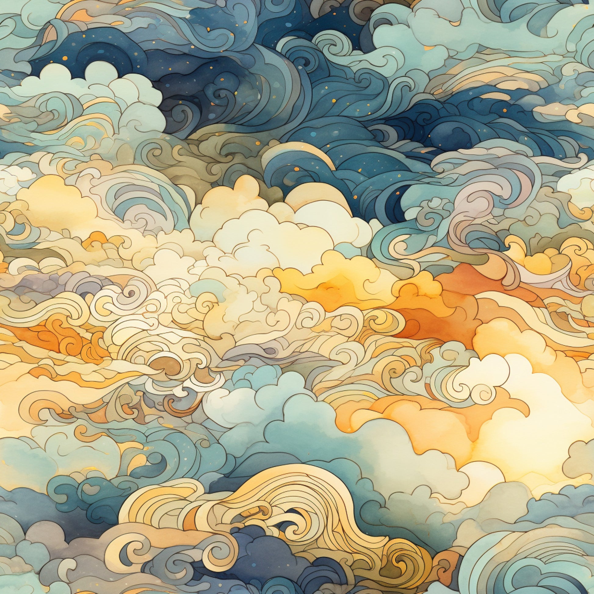 sunset clouds, swirling patterns, orange hues, blue tones, yellow accents, cream colors, twilight sky, flowing design, ornate swirls, celestial theme, dreamy atmosphere, cotton fabric, quilting panel, decorative clouds, warm colors, cool blues, artistic swirls, sky scene, flowing movement, ethereal design