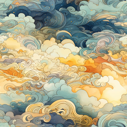 sunset clouds, swirling patterns, orange hues, blue tones, yellow accents, cream colors, twilight sky, flowing design, ornate swirls, celestial theme, dreamy atmosphere, cotton fabric, quilting panel, decorative clouds, warm colors, cool blues, artistic swirls, sky scene, flowing movement, ethereal design