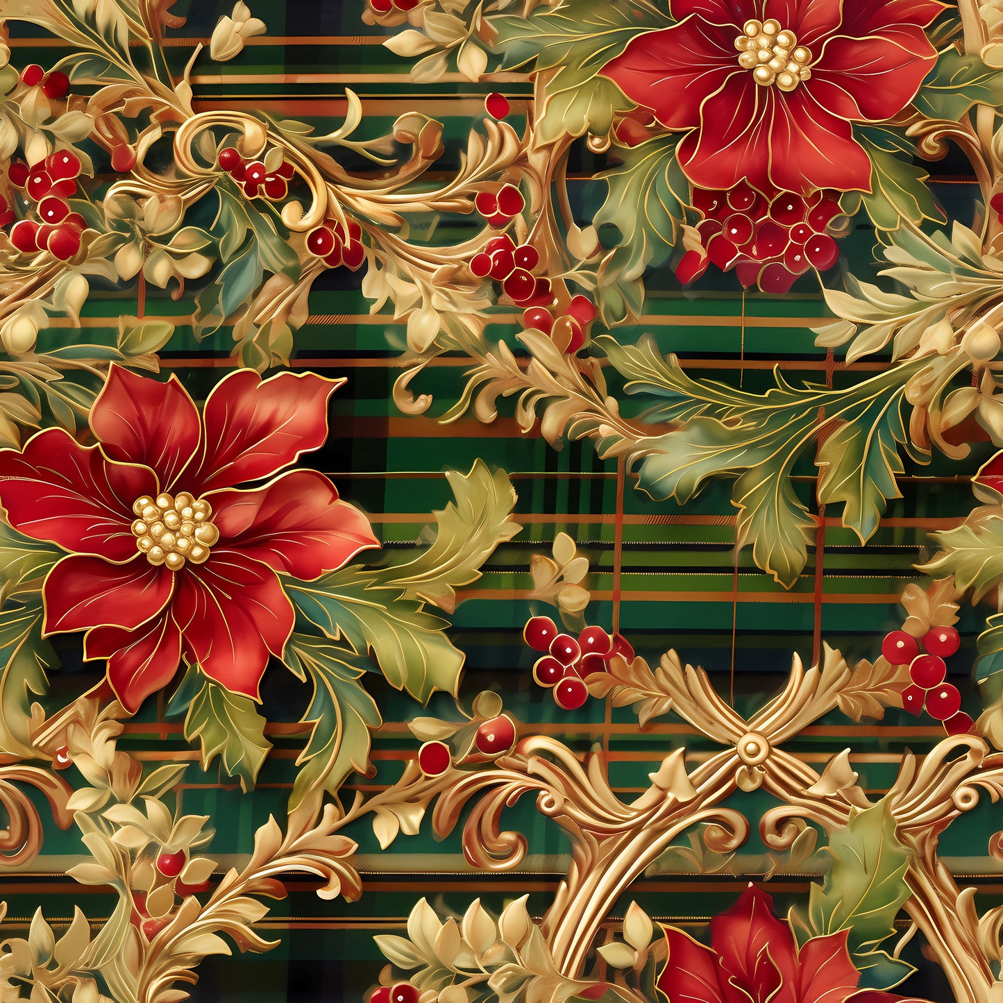 red flowers, green background, gold accents, christmas berries, poinsettias, holly leaves, ornate scrollwork, festive florals, holiday botanicals, quilting cotton, fabric panel, seasonal pattern, burgundy blooms, emerald green, metallic gold, winter florals, decorative swirls, christmas motifs, botanical design, holiday fabric