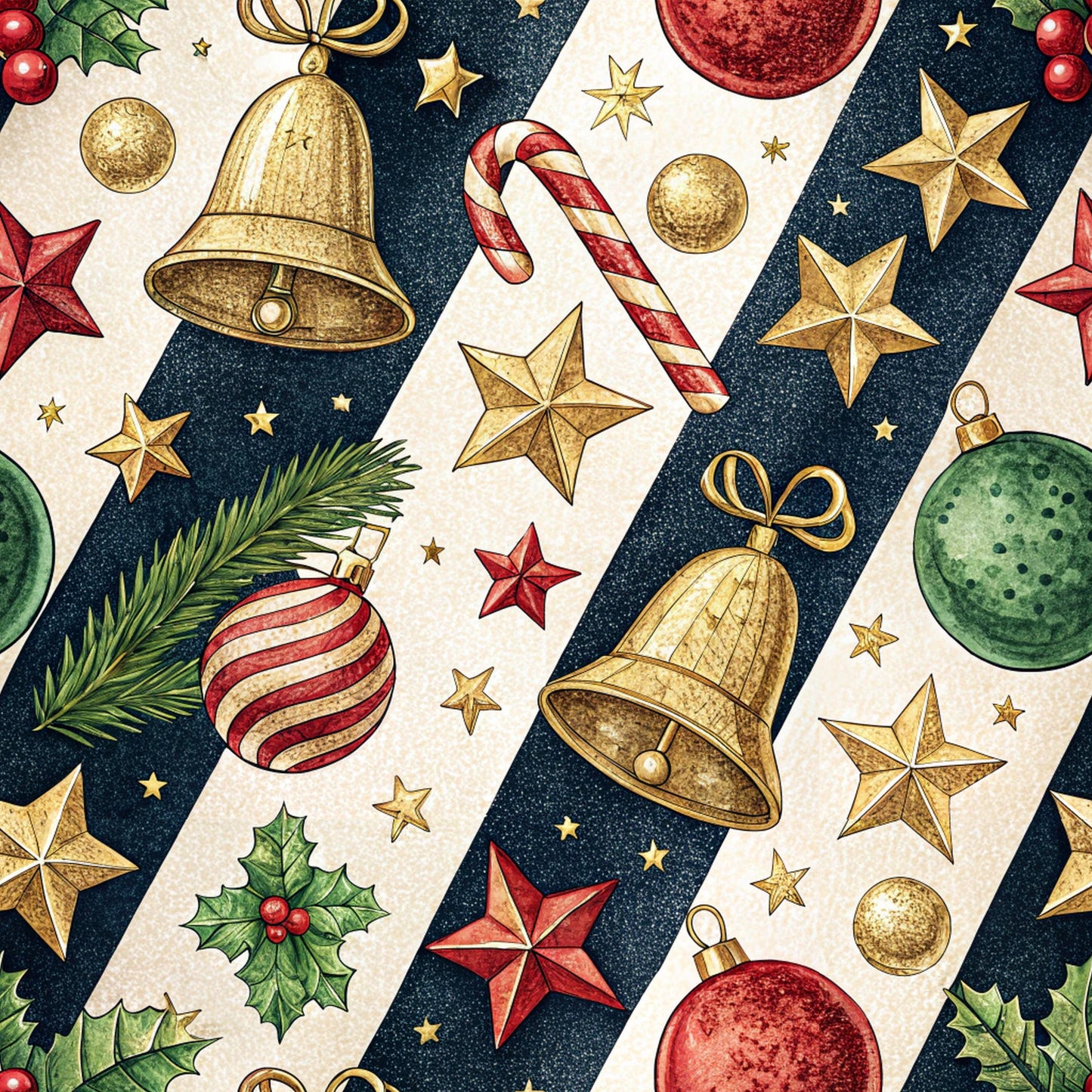 christmas ornaments, holiday pattern, red ornaments, gold bells, green baubles, candy canes, holly leaves, stars, diagonal stripes, navy blue background, cream stripes, festive design, quilting cotton, fabric panel, seasonal motif, winter holidays, decorative elements, evergreen branches, metallic accents, christmas theme