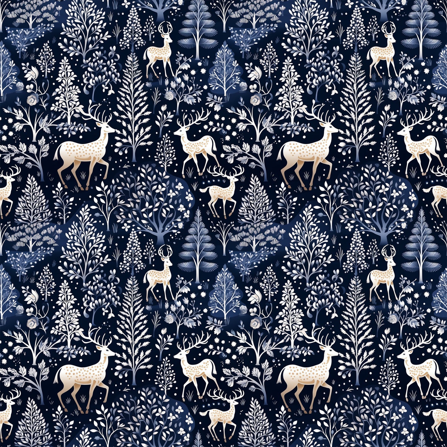 navy blue, delft blue, cream, white, deer, stags, antlers, winter forest, botanical motifs, trees, ferns, snowflakes, folk art, scandinavian style, repeating pattern, quilting cotton, fabric panel, woodland creatures, nature design, winter theme, floral elements