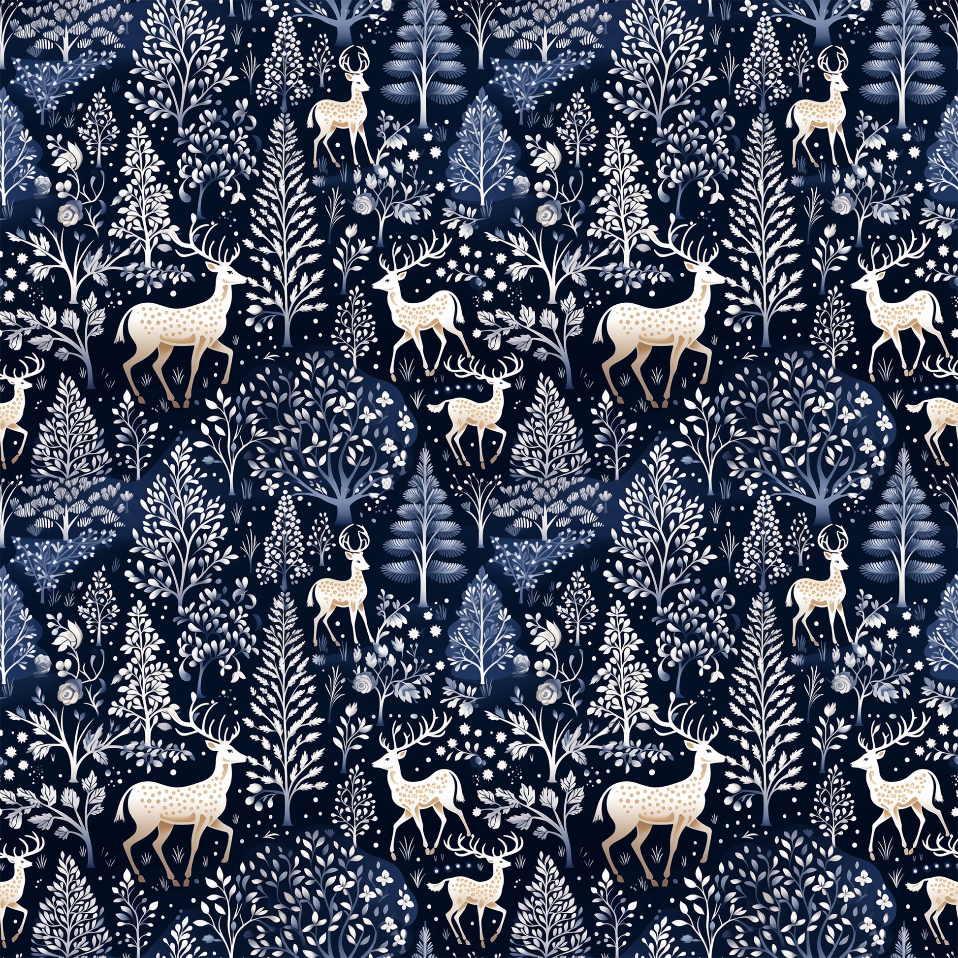 navy blue, delft blue, cream, white, deer, stags, antlers, winter forest, botanical motifs, trees, ferns, snowflakes, folk art, scandinavian style, repeating pattern, quilting cotton, fabric panel, woodland creatures, nature design, winter theme, floral elements
