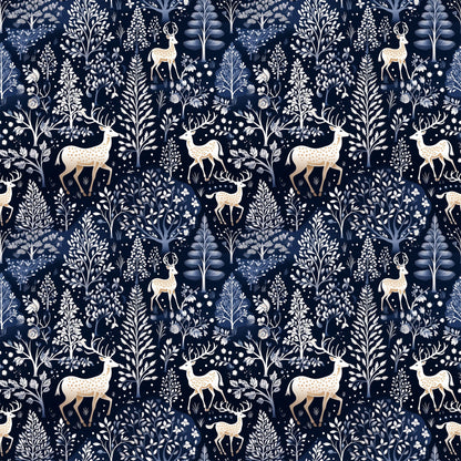 navy blue, delft blue, cream, white, deer, stags, antlers, winter forest, botanical motifs, trees, ferns, snowflakes, folk art, scandinavian style, repeating pattern, quilting cotton, fabric panel, woodland creatures, nature design, winter theme, floral elements