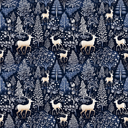 navy blue, delft blue, cream, white, deer, stags, antlers, winter forest, botanical motifs, trees, ferns, snowflakes, folk art, scandinavian style, repeating pattern, quilting cotton, fabric panel, woodland creatures, nature design, winter theme, floral elements