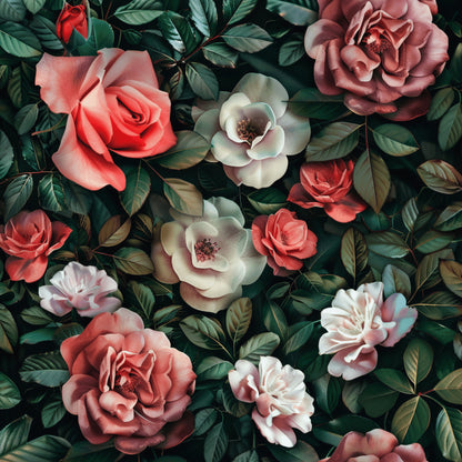 coral roses, burgundy flowers, white blooms, sage green leaves, realistic floral, botanical pattern, quilting cotton, fabric panel, dimensional roses, vintage style, romantic florals, dusky pink, cream petals, dark foliage, layered petals, garden flowers, moody floral, textile design, rose garden, naturalistic blooms