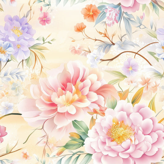 japanese floral, watercolor flowers, soft pastels, pink peonies, purple blooms, coral flowers, delicate branches, botanical pattern, quilting cotton, fabric panel, feminine design, spring blossoms, ethereal style, seamless repeat, romantic florals, peach tones, lavender accents, nature motifs, artistic rendering, gentle palette