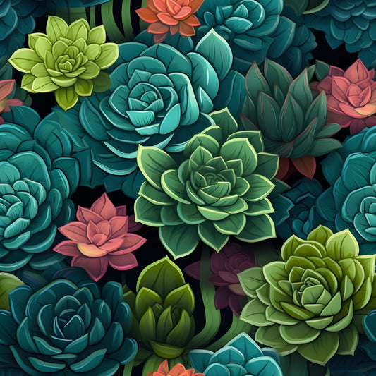 teal, green, coral, pink, purple, succulents, botanical, floral pattern, rosettes, leaves, quilting cotton, fabric panel, nature motif, garden plants, colorful blooms, layered petals, organic shapes, vibrant colors, seamless design, crafting fabric