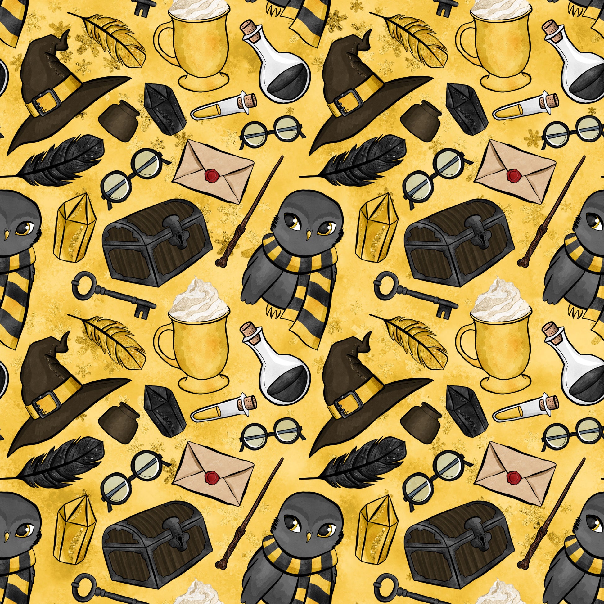 golden yellow, mustard background, wizard hat, owl character, black striped scarf, potion bottles, treasure chest, skeleton key, feather quill, rolled parchment, round glasses, magical wands, lantern, envelope, wizarding school, repeating pattern, quilting cotton, fabric panel, whimsical illustration, fantasy theme