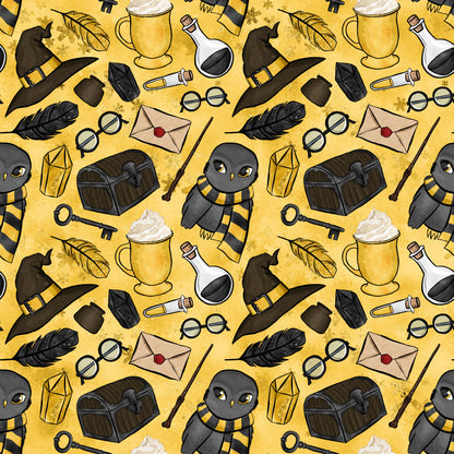 golden yellow, mustard background, wizard hat, owl character, black striped scarf, potion bottles, treasure chest, skeleton key, feather quill, rolled parchment, round glasses, magical wands, lantern, envelope, wizarding school, repeating pattern, quilting cotton, fabric panel, whimsical illustration, fantasy theme