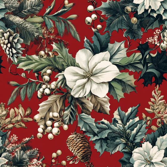 christmas fabric, quilting cotton, fabric panel, pinecones, winter berries, poinsettia flowers, holly leaves, evergreen branches, red background, white flowers, cream berries, forest green, botanical pattern, holiday motifs, festive design, winter florals, christmas botanicals, seasonal fabric, cotton quilting material