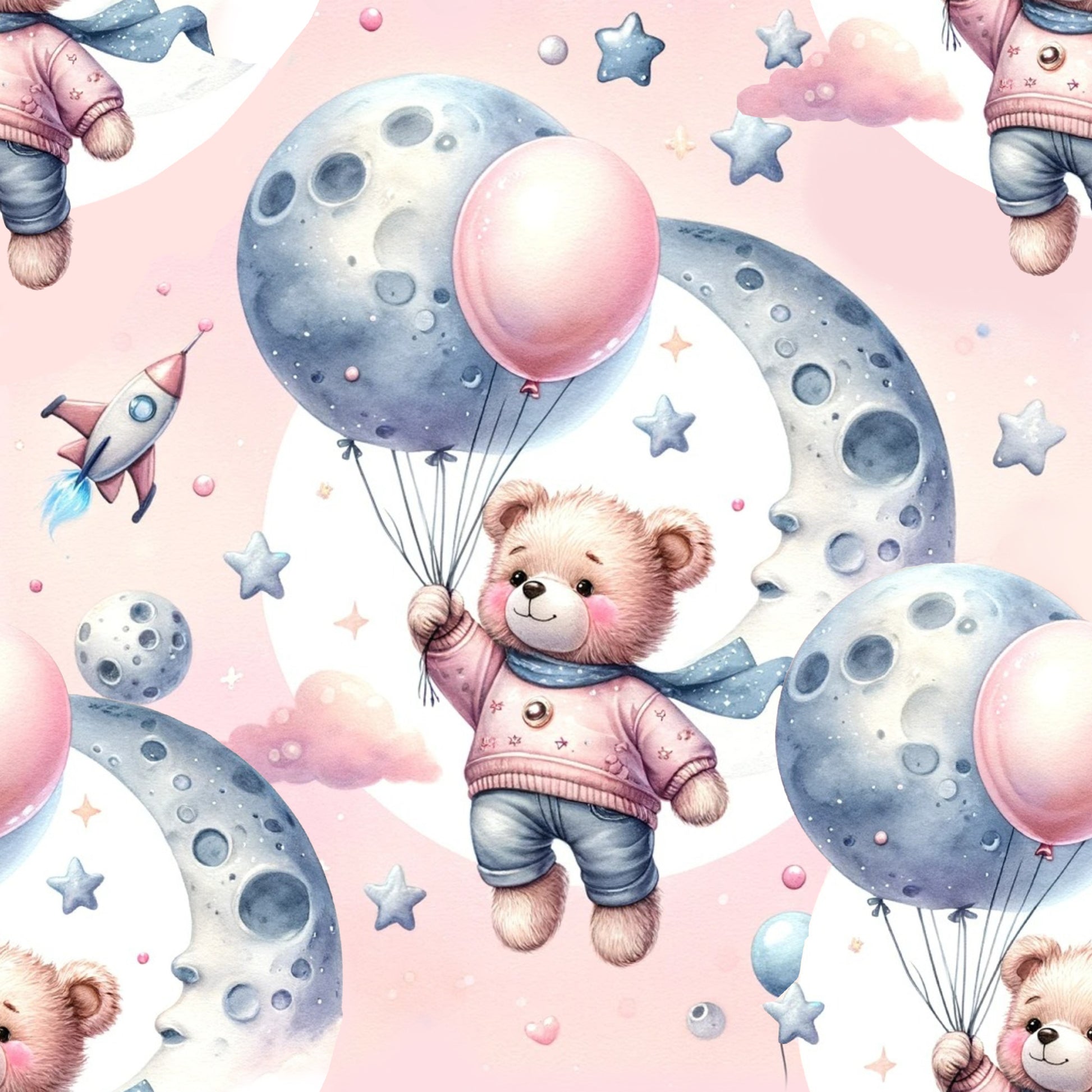 pink, pastel blue, teddy bears, balloons, moon, stars, rocket ship, space theme, nighttime, whimsical, cute animals, children's fabric, nursery design, quilting cotton, fabric panel, dreamy atmosphere, celestial motifs, soft colors, playful pattern, baby fabric