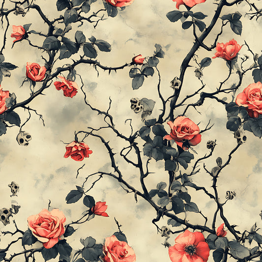 coral roses, skulls, thorny branches, gothic floral, dark stems, beige background, pink flowers, macabre botanical, spooky garden, quilting cotton, fabric panel, rose brambles, bone motifs, moody atmosphere, vintage inspired, alternative floral, dramatic pattern, halloween themed, creepy romantic