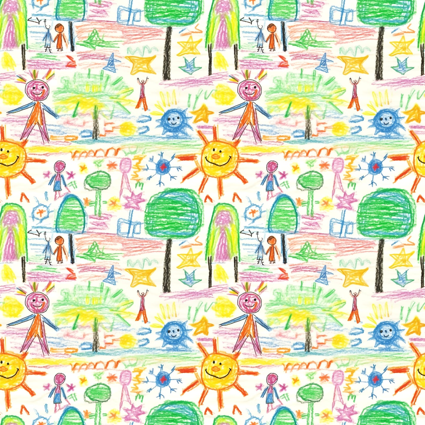 child artwork, crayon drawings, stick figures, smiling sun, green trees, colorful stars, rainbow colors, yellow, orange, blue, green, pink, purple, whimsical pattern, playful design, children's art style, quilting cotton, fabric panel, repeating motif, bright colors, cheerful mood