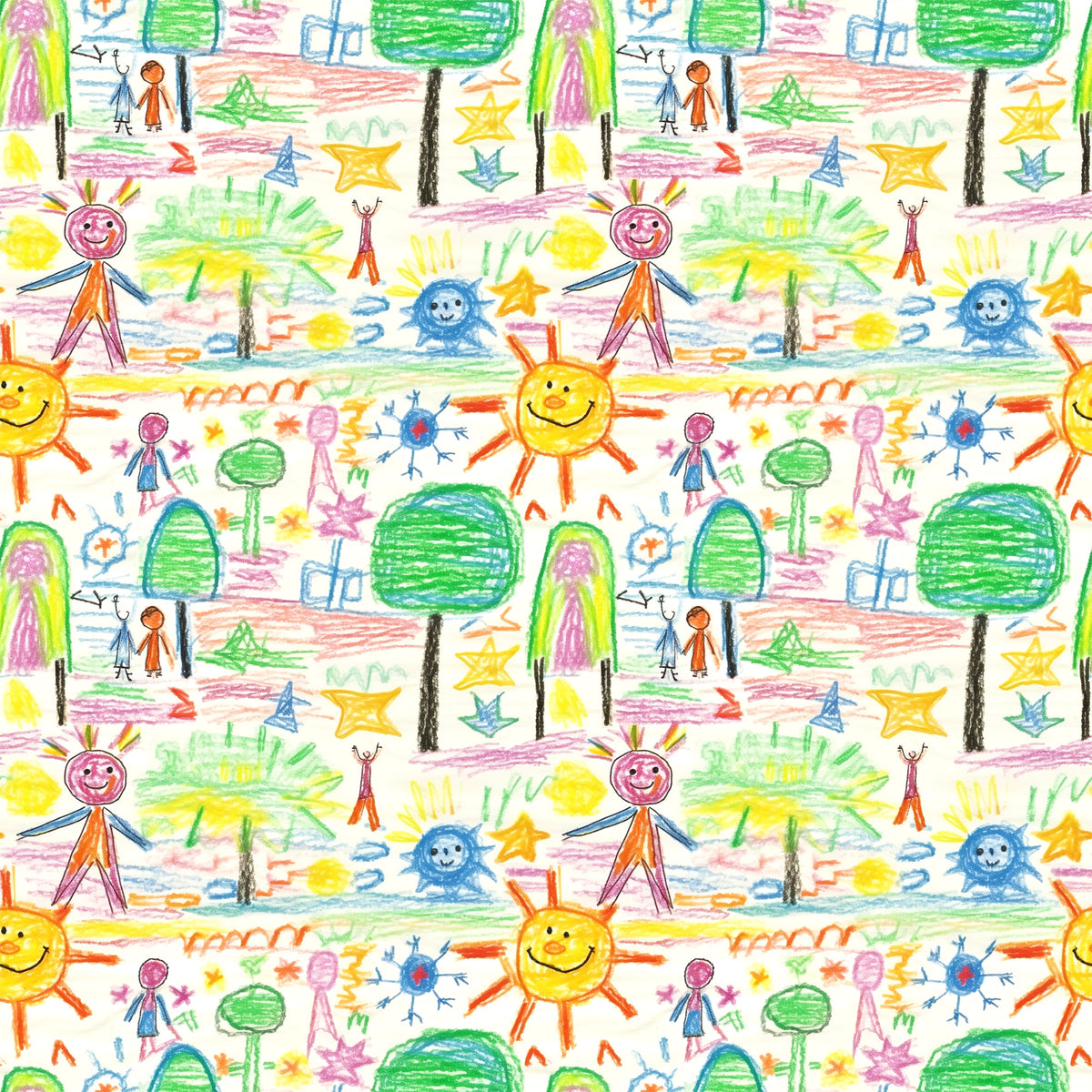 child artwork, crayon drawings, stick figures, smiling sun, green trees, colorful stars, rainbow colors, yellow, orange, blue, green, pink, purple, whimsical pattern, playful design, children's art style, quilting cotton, fabric panel, repeating motif, bright colors, cheerful mood