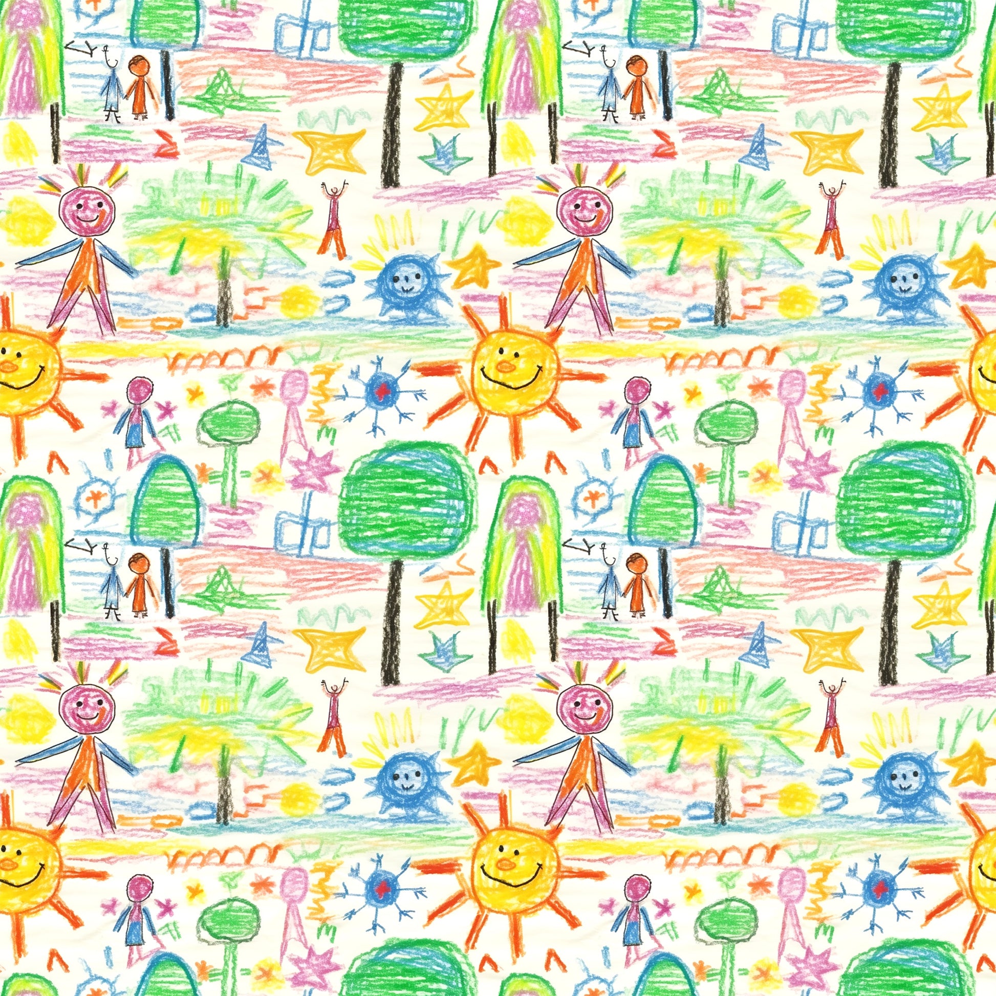 child artwork, crayon drawings, stick figures, smiling sun, green trees, colorful stars, rainbow colors, yellow, orange, blue, green, pink, purple, whimsical pattern, playful design, children's art style, quilting cotton, fabric panel, repeating motif, bright colors, cheerful mood