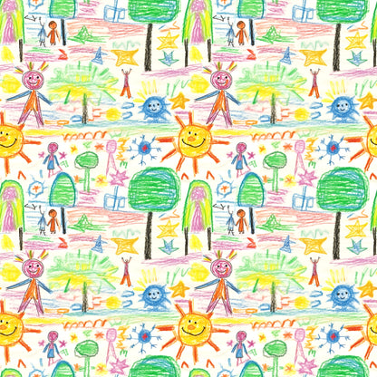 child artwork, crayon drawings, stick figures, smiling sun, green trees, colorful stars, rainbow colors, yellow, orange, blue, green, pink, purple, whimsical pattern, playful design, children's art style, quilting cotton, fabric panel, repeating motif, bright colors, cheerful mood