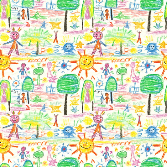 child artwork, crayon drawings, stick figures, smiling sun, green trees, colorful stars, rainbow colors, yellow, orange, blue, green, pink, purple, whimsical pattern, playful design, children's art style, quilting cotton, fabric panel, repeating motif, bright colors, cheerful mood