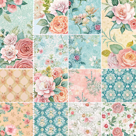 spring floral, quilting cotton, fabric panel, patchwork squares, roses, vintage flowers, pastel pink, mint green, coral orange, cream background, botanical motifs, cottage core, romantic florals, shabby chic, delicate blooms, soft watercolors, garden flowers, feminine design, crafting fabric, quilt blocks