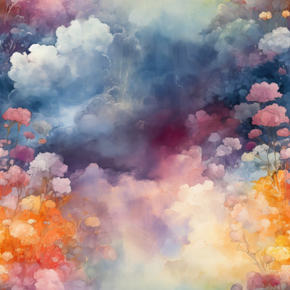 colorful clouds, watercolor style, dreamy sky, pastel colors, blue tones, pink hues, orange shades, purple clouds, yellow accents, ethereal atmosphere, whimsical flowers, fantasy landscape, soft gradients, quilting cotton, fabric panel, artistic design, celestial theme, cotton fabric, floral elements, painterly effect