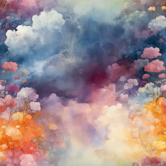 colorful clouds, watercolor style, dreamy sky, pastel colors, blue tones, pink hues, orange shades, purple clouds, yellow accents, ethereal atmosphere, whimsical flowers, fantasy landscape, soft gradients, quilting cotton, fabric panel, artistic design, celestial theme, cotton fabric, floral elements, painterly effect