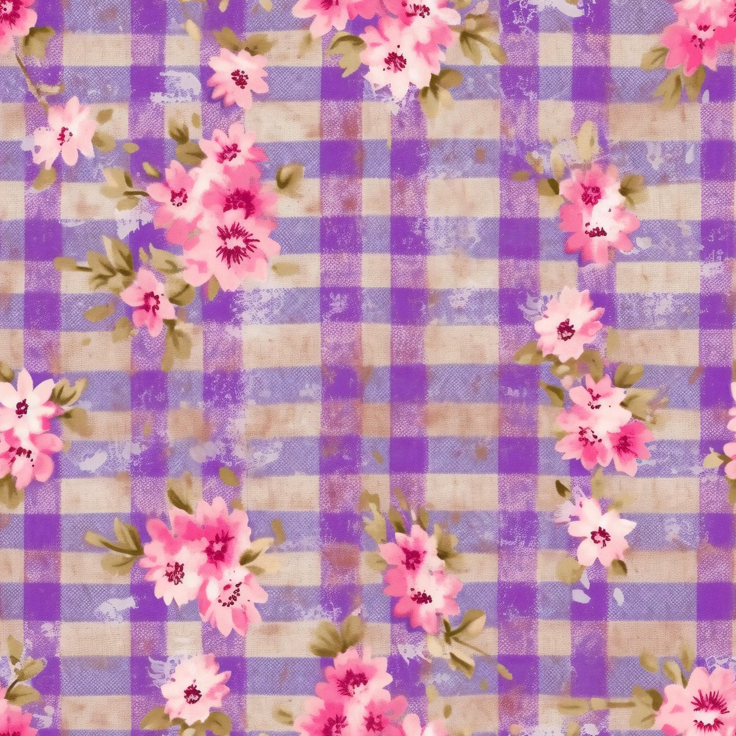 purple plaid, lavender gingham, pink flowers, floral blooms, country style, quilting cotton, fabric panel, cottage core, feminine design, spring florals, checkered pattern, soft pastels, rustic charm, botanical elements, vintage inspired, craft fabric, sewing material, garden flowers, plaid background, romantic florals