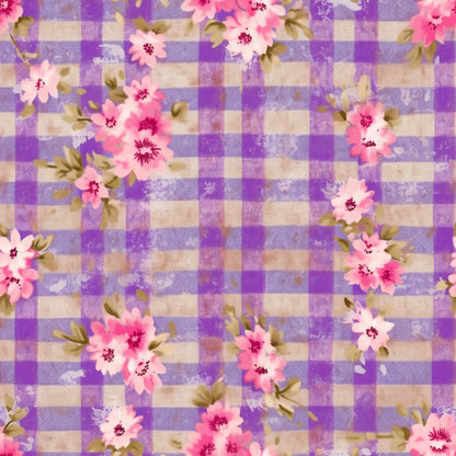purple plaid, lavender gingham, pink flowers, floral blooms, country style, quilting cotton, fabric panel, cottage core, feminine design, spring florals, checkered pattern, soft pastels, rustic charm, botanical elements, vintage inspired, craft fabric, sewing material, garden flowers, plaid background, romantic florals