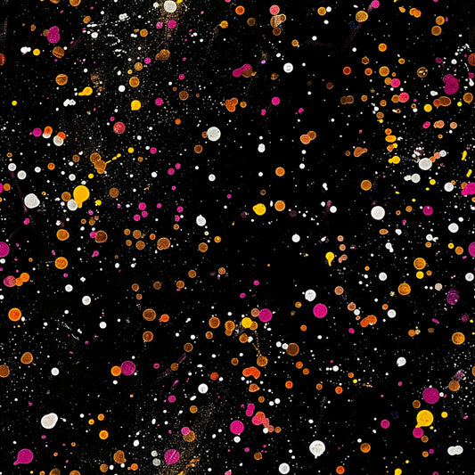 glitter paint splatter, black background, colorful dots, orange circles, pink spots, yellow droplets, white specks, brown splatters, magenta drops, golden accents, scattered pattern, abstract design, modern art style, painterly effect, quilting cotton, fabric panel, contemporary pattern, artistic splashes, random placement, vibrant colors