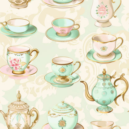 mint green, soft pink, gold accents, teacups, teapots, saucers, floral motifs, roses, vintage china, elegant pattern, pastel colors, tea party theme, ornate details, quilting cotton, fabric panel, whimsical design, delicate artwork, repeating pattern, cream background, antique style