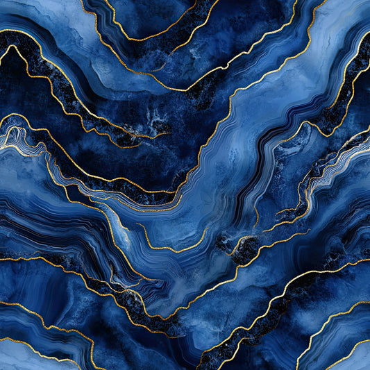 royal blue, navy blue, gold, metallic gold, agate pattern, marble pattern, swirled design, flowing lines, geode design, mineral pattern, abstract design, luxurious, elegant, quilting cotton, fabric panel, geological formation, layered texture, organic shapes, sophisticated, contemporary