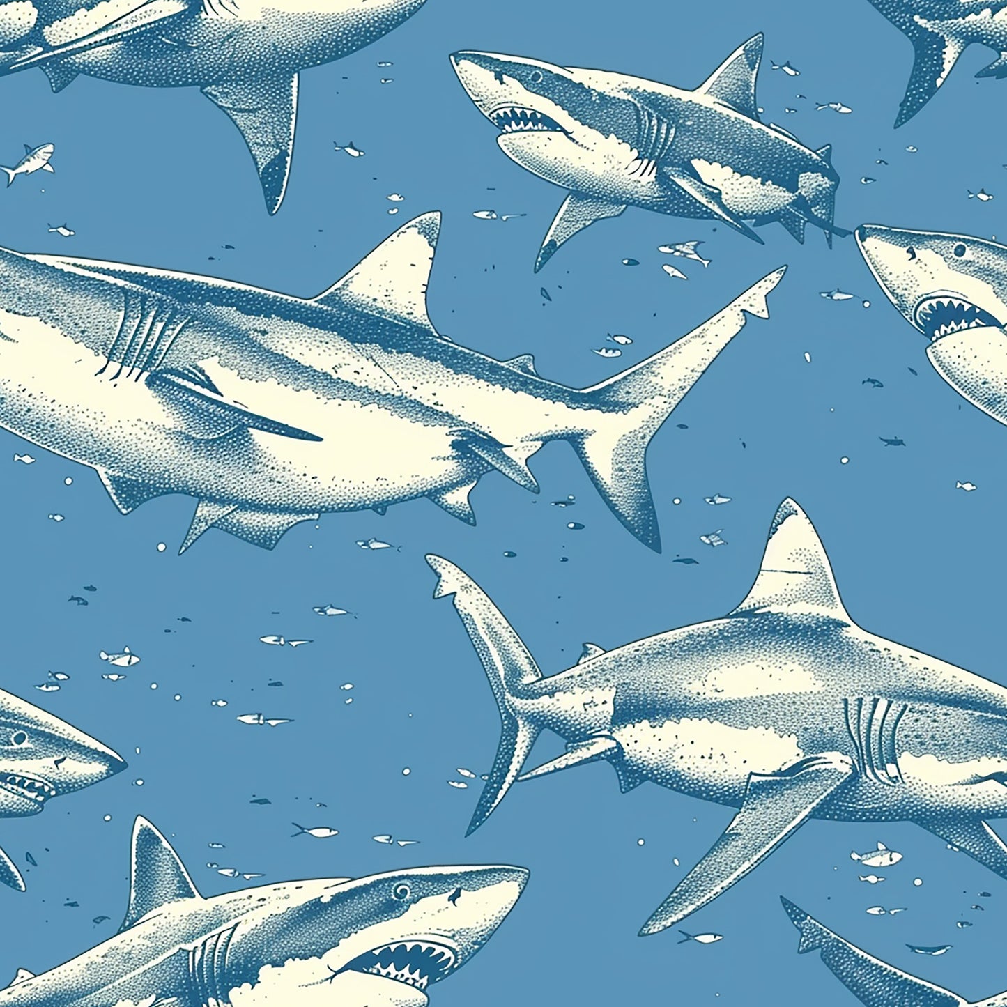 ocean blue, cream white, sharks, marine animals, swimming pattern, underwater scene, repeating design, nautical theme, sea life, quilting cotton, fabric panel, ocean creatures, blue background, stippled texture, swimming sharks, aquatic pattern, oceanic design, dotted shading, marine wildlife, coastal theme