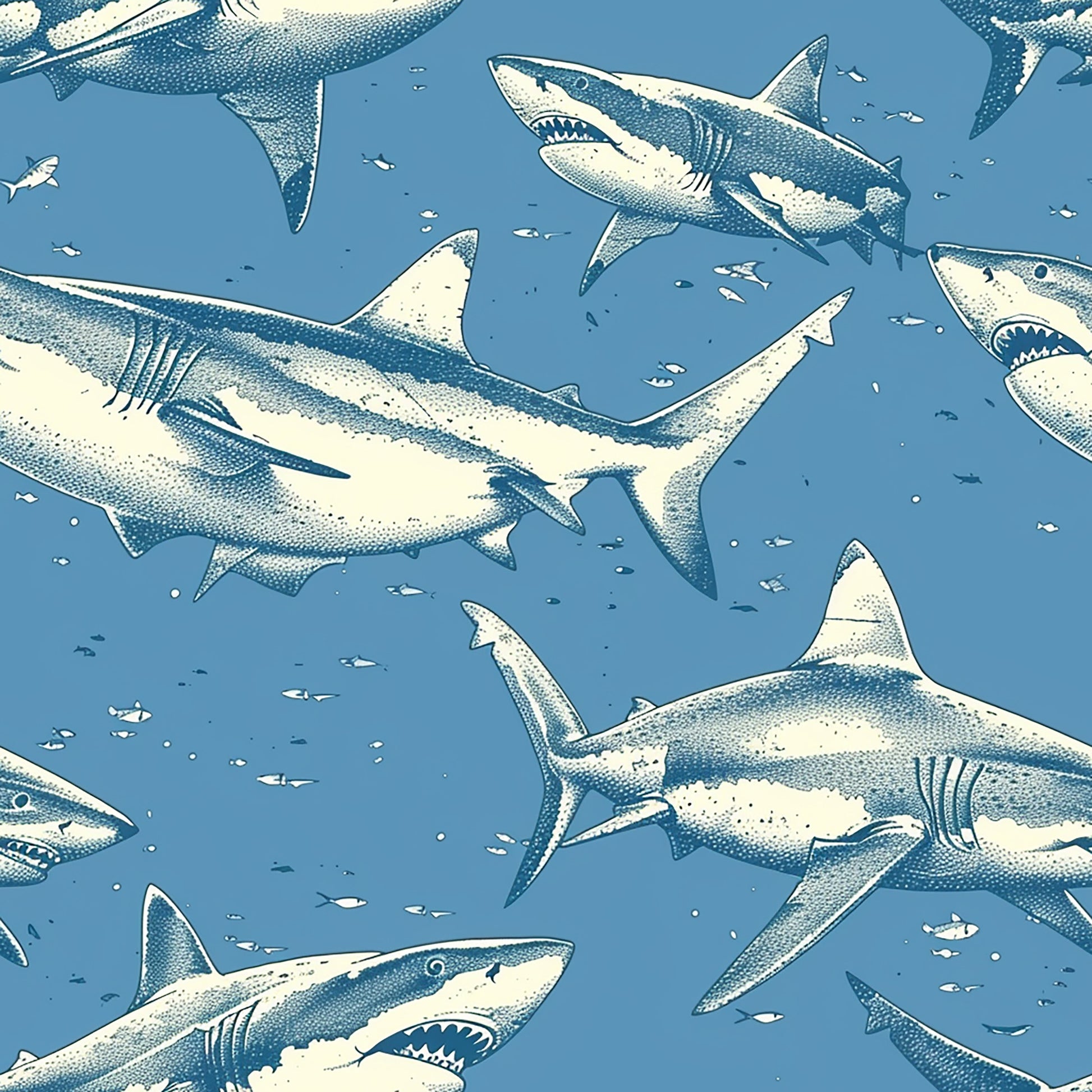 ocean blue, cream white, sharks, marine animals, swimming pattern, underwater scene, repeating design, nautical theme, sea life, quilting cotton, fabric panel, ocean creatures, blue background, stippled texture, swimming sharks, aquatic pattern, oceanic design, dotted shading, marine wildlife, coastal theme