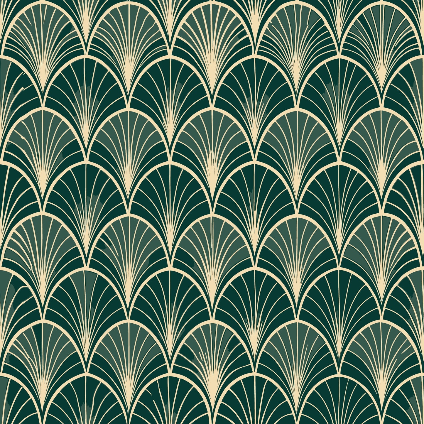 dark green, cream, gold, art deco, fan pattern, scalloped design, geometric motifs, repeating pattern, elegant curves, vintage style, quilting cotton, fabric panel, radiating lines, luxurious feel, sophisticated design, peacock fan motif, 1920s inspired, decorative elements, smooth curves, ornamental design