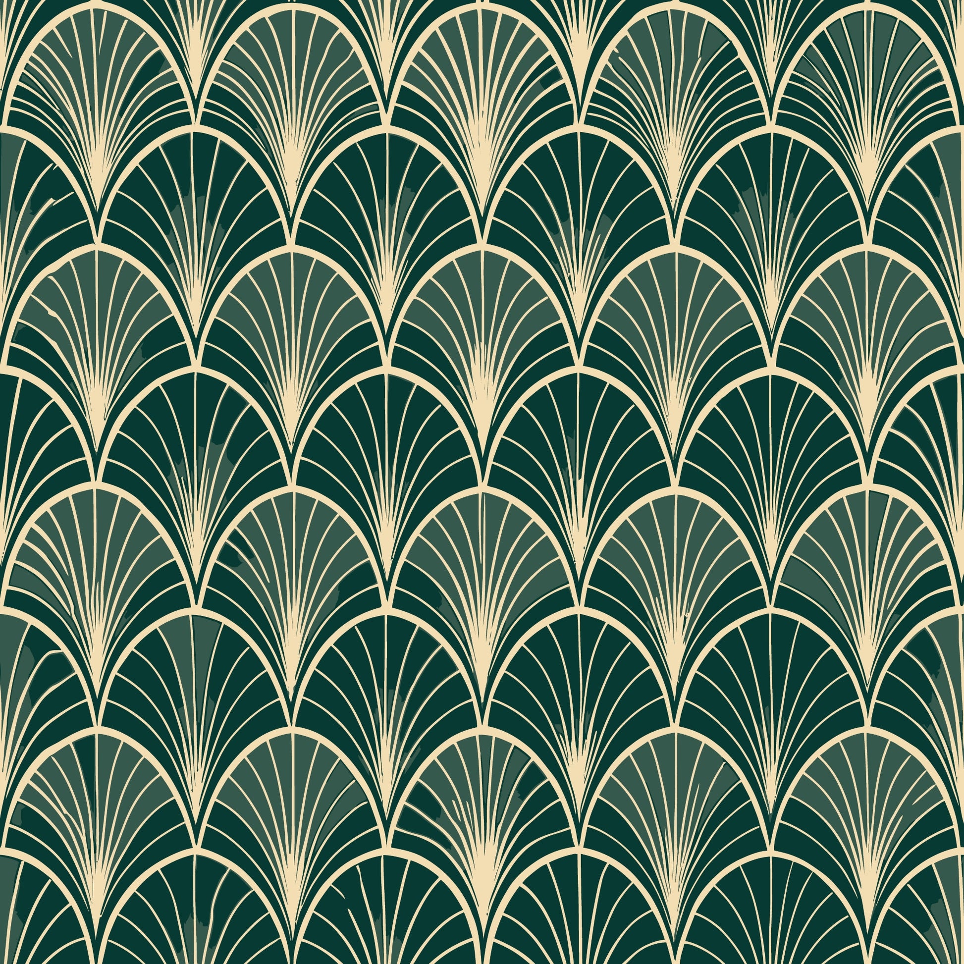 dark green, cream, gold, art deco, fan pattern, scalloped design, geometric motifs, repeating pattern, elegant curves, vintage style, quilting cotton, fabric panel, radiating lines, luxurious feel, sophisticated design, peacock fan motif, 1920s inspired, decorative elements, smooth curves, ornamental design