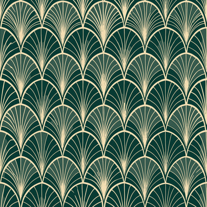 dark green, cream, gold, art deco, fan pattern, scalloped design, geometric motifs, repeating pattern, elegant curves, vintage style, quilting cotton, fabric panel, radiating lines, luxurious feel, sophisticated design, peacock fan motif, 1920s inspired, decorative elements, smooth curves, ornamental design