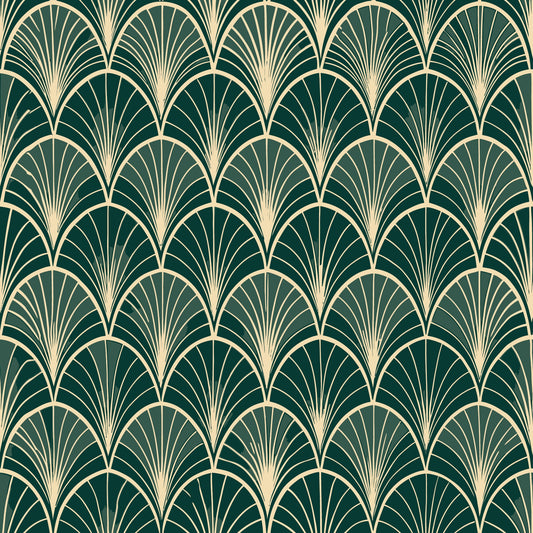 dark green, cream, gold, art deco, fan pattern, scalloped design, geometric motifs, repeating pattern, elegant curves, vintage style, quilting cotton, fabric panel, radiating lines, luxurious feel, sophisticated design, peacock fan motif, 1920s inspired, decorative elements, smooth curves, ornamental design