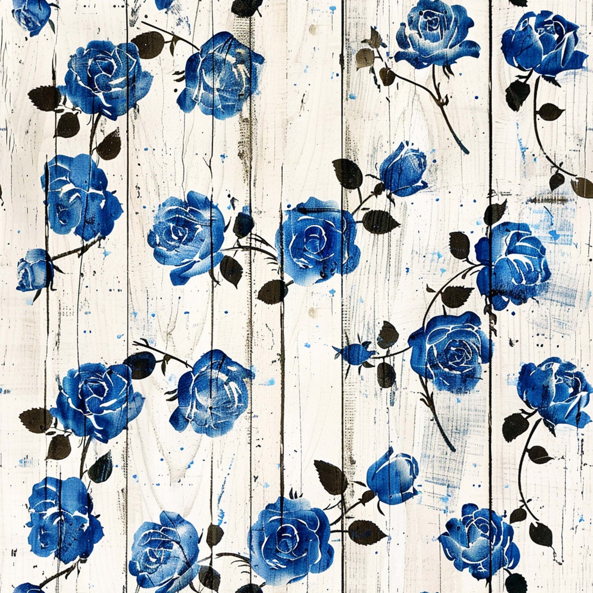 blue roses, vintage floral, distressed wood, weathered planks, botanical pattern, navy blue, white background, black leaves, rose blooms, farmhouse style, shabby chic, quilting cotton, fabric panel, floral motif, rustic texture, cottage core, country decor, painted roses, wooden boards, vintage aesthetic