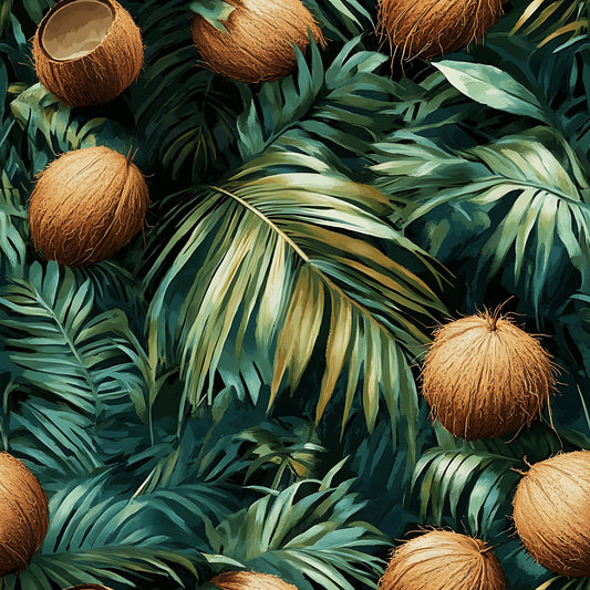 coconut jungle, tropical leaves, palm fronds, brown coconuts, forest green, emerald green, golden yellow, cream accents, botanical pattern, tropical foliage, lush vegetation, exotic plants, jungle scene, nature motif, quilting cotton, fabric panel, tropical paradise, rainforest design, organic shapes, layered leaves