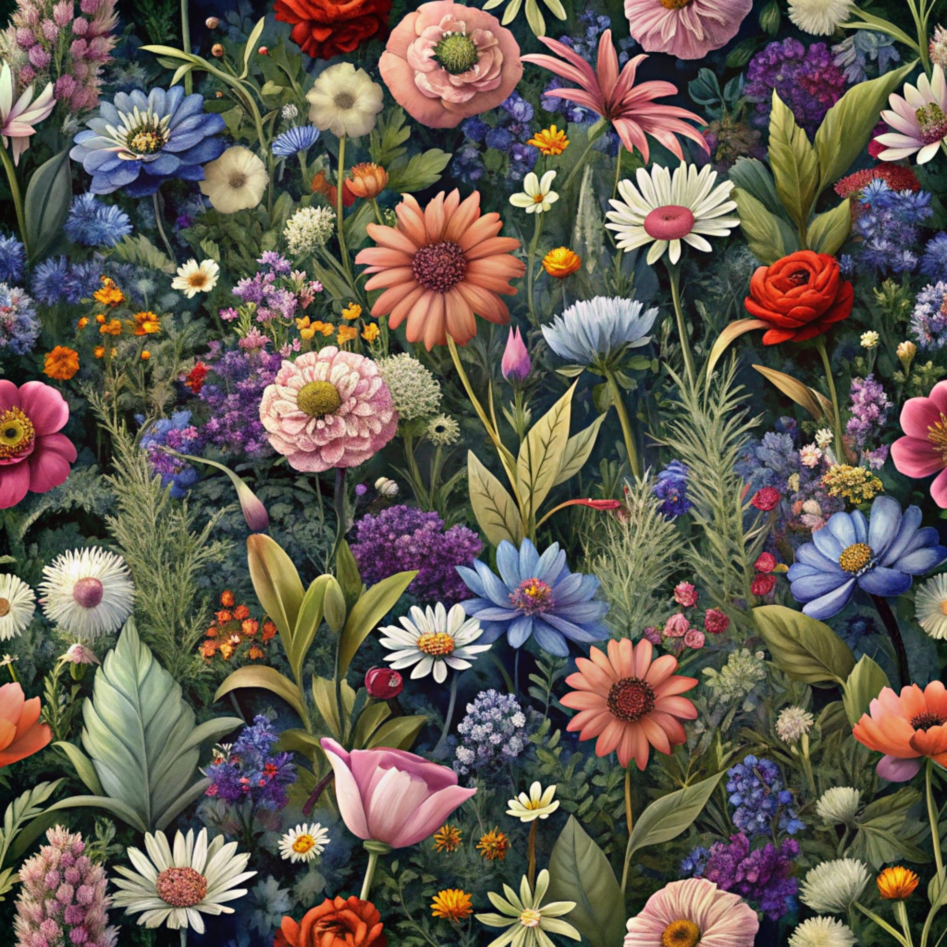 realistic flowers, botanical pattern, floral design, quilting cotton, fabric panel, wildflowers, garden blooms, multicolor florals, pink roses, blue daisies, purple blooms, orange marigolds, white flowers, green foliage, dense floral, nature motifs, spring flowers, summer garden, vibrant colors, detailed illustration