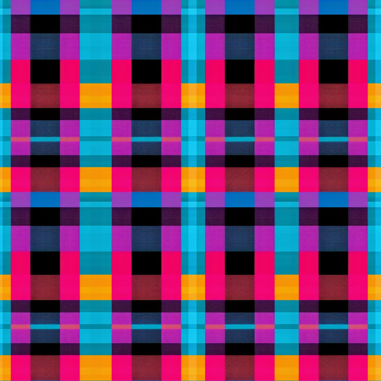 neon colors, bright pink, electric blue, vibrant purple, orange, black, gingham pattern, checkered design, plaid weave, geometric squares, quilting cotton, fabric panel, digital print, modern aesthetic, contemporary style, high contrast, saturated colors, grid pattern, woven effect, crafting material