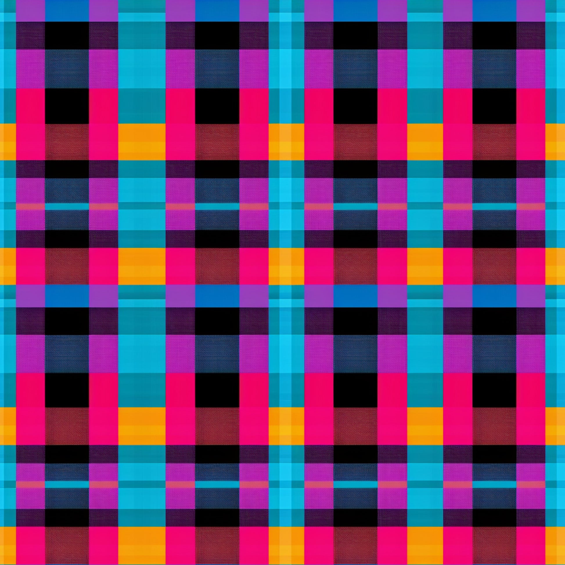 neon colors, bright pink, electric blue, vibrant purple, orange, black, gingham pattern, checkered design, plaid weave, geometric squares, quilting cotton, fabric panel, digital print, modern aesthetic, contemporary style, high contrast, saturated colors, grid pattern, woven effect, crafting material