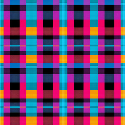 neon colors, bright pink, electric blue, vibrant purple, orange, black, gingham pattern, checkered design, plaid weave, geometric squares, quilting cotton, fabric panel, digital print, modern aesthetic, contemporary style, high contrast, saturated colors, grid pattern, woven effect, crafting material